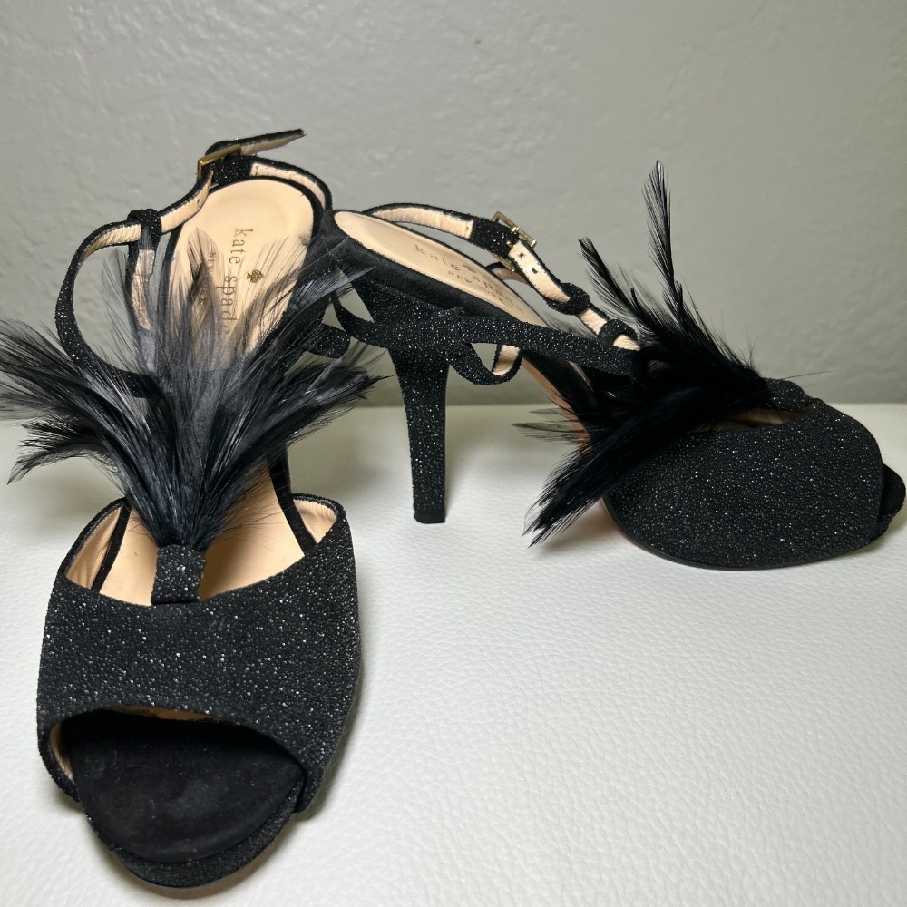 Kate Spade Glitter Feather Black‎ Open Toe Slingback Pumps Heels Size 7